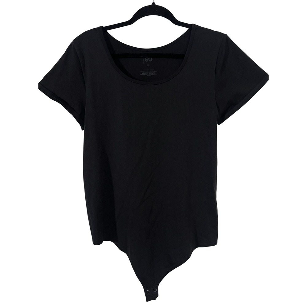 SO Bodysuit 2X Minimalist Solid Black Scoop Neck Short Sleeve